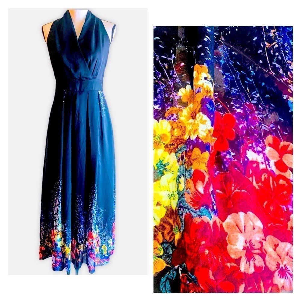 NWT! GORGEOUS BLACK FLORAL CHIFFON V NECK MAXI